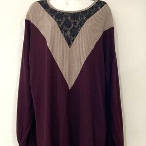 MAURICES BURGUNDY LACE OVERLAY CHEVRON COLORBLOCK TOP LONG SLEEVE TOP PLUS XXL
